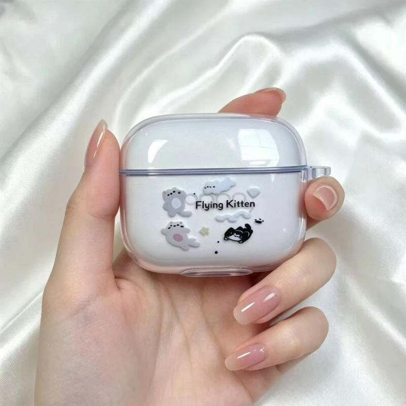 Ins Cute Flying Kitten Soft Clear TPU Wireless Earphone Case For Apple AirPods 4 1 Pro 3 2 Generation Protective Silicone Cover