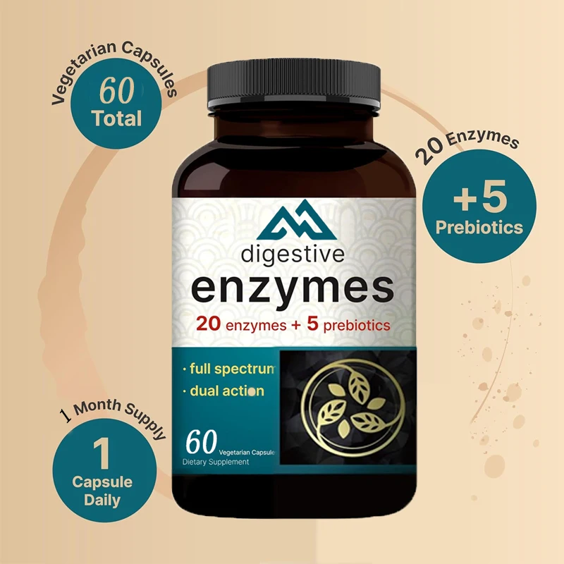 60 vegetarian capsules containing 20 enzymes and 5 prebiotics, promoting intestinal health and relieving bloating