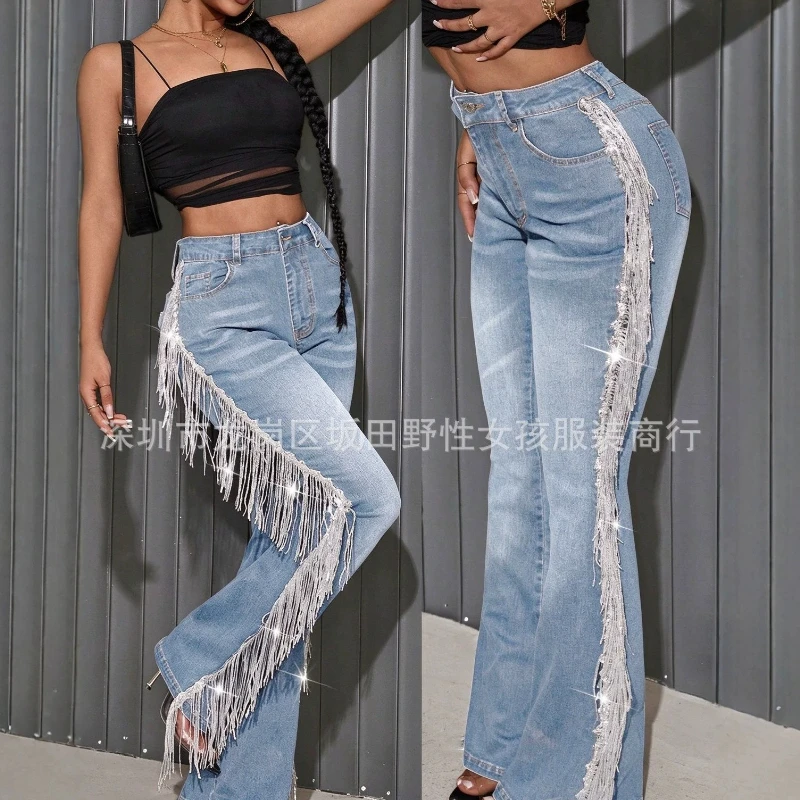 Women Denim Pant Jeans Vintage Long Pants Tassel High Waist Straight Trousers Y2k Streetwear Splice Sexy Casual Autumn 2026