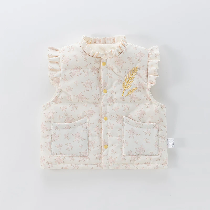 

Пуховый жилет для девочек, белый пух, зимняя новинка, корейская милая милая уличная морозостойкая теплая универсальная одежда с цветочным принтом