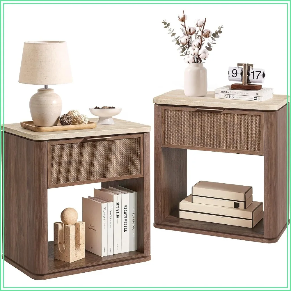Rattan Nightstand Set of 2 with Drawer & Open Shelf