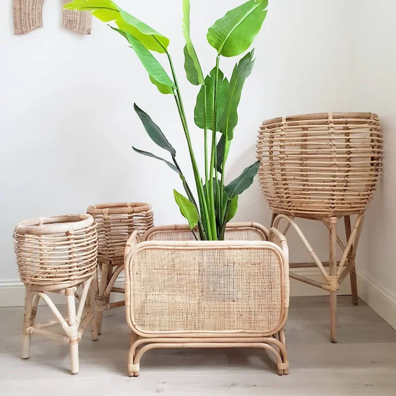 Soporte de flores de ratán creativo hecho a mano, maceta de interior multicapa, estantes de plantas de estilo nórdico para decoración de vegetación exuberante