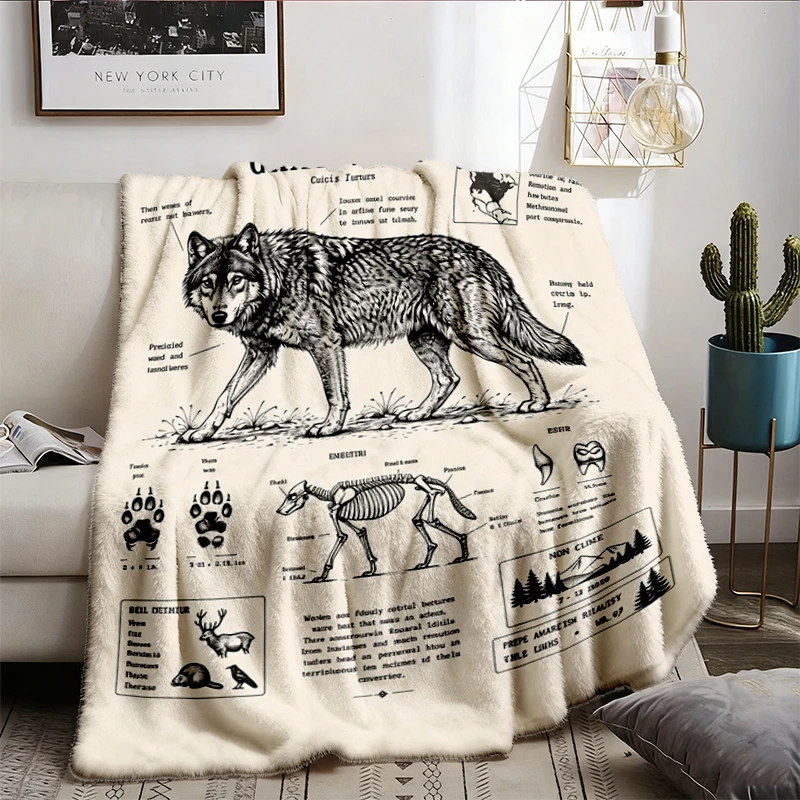 Gray Wolf Anatomy Cozy Blanket Vintage Wildlife Illustration, Paw Prints