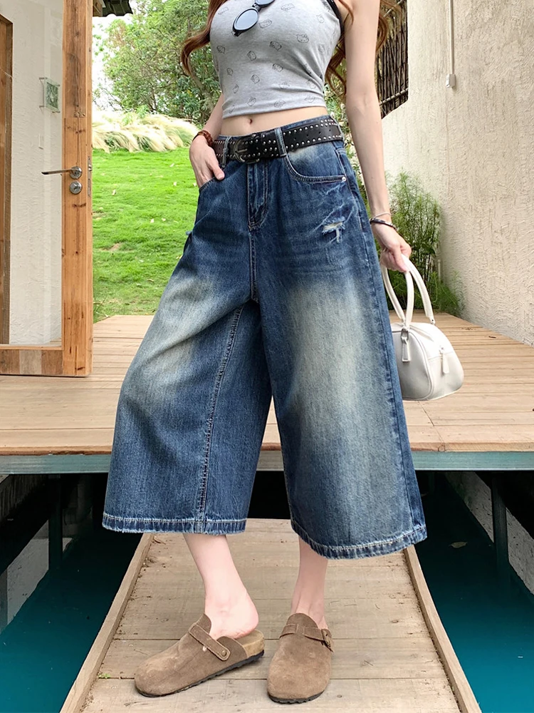 

Summer 2026 High Waist Wide Leg Seven-Foot Denim Jeans Women's Trendy Washed Faded Casual Style Comfortable Wear Resistant