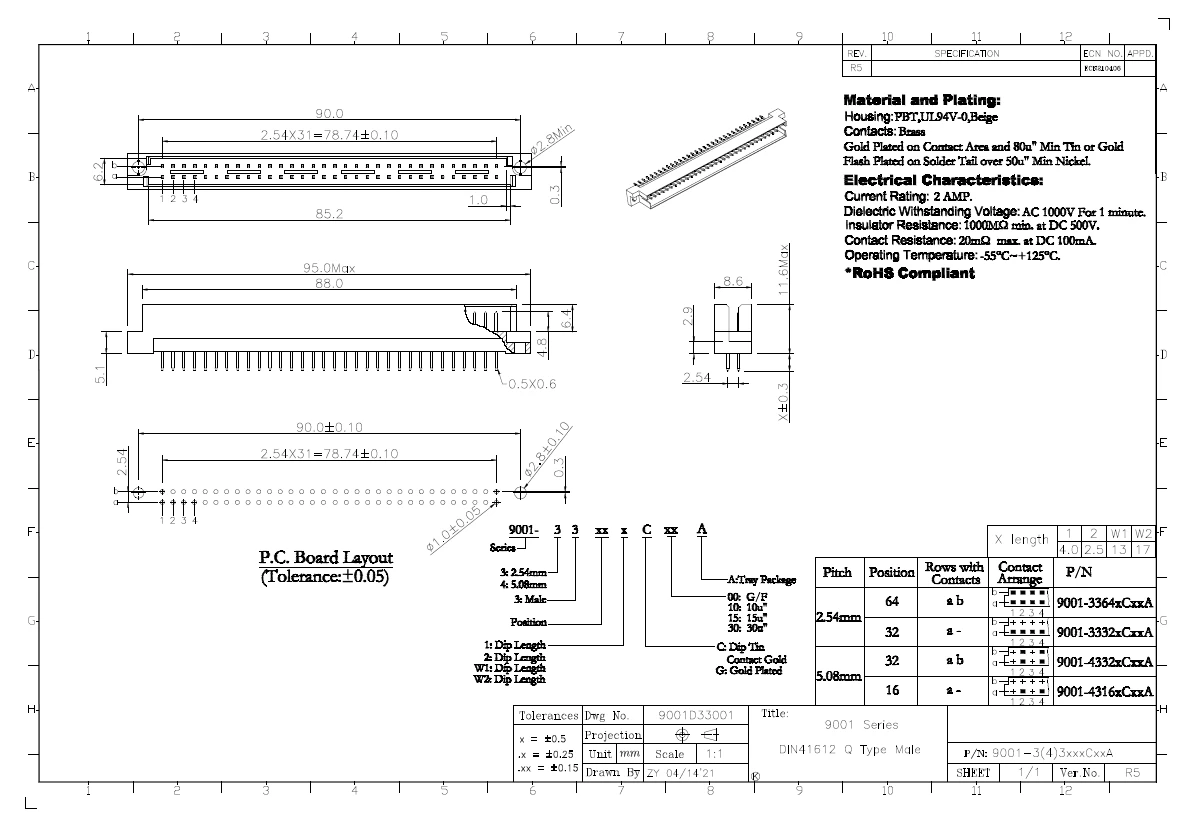 2PCS/9001-33321C00A 9001-33641C00A 9001-37101C00A 9001-37201C00A 9001-37161C00A 9001-37321C00A DIN41612 connector