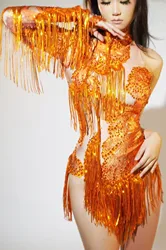 Women Sexy Rhinestone Sequins Bodysuit Prom Stage Performance Bodycon Tassel Leotard Club Dance Bodysuit Pole Dance Wear Duxiu