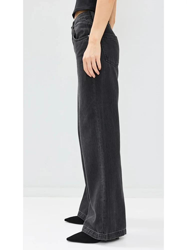 Dames laagbouw stretch grijze denim broek 2025, vrouwelijke jeans met rechte pijpen, dame effen kleur, dagelijks kantoor, goedkope lange jeansbroek