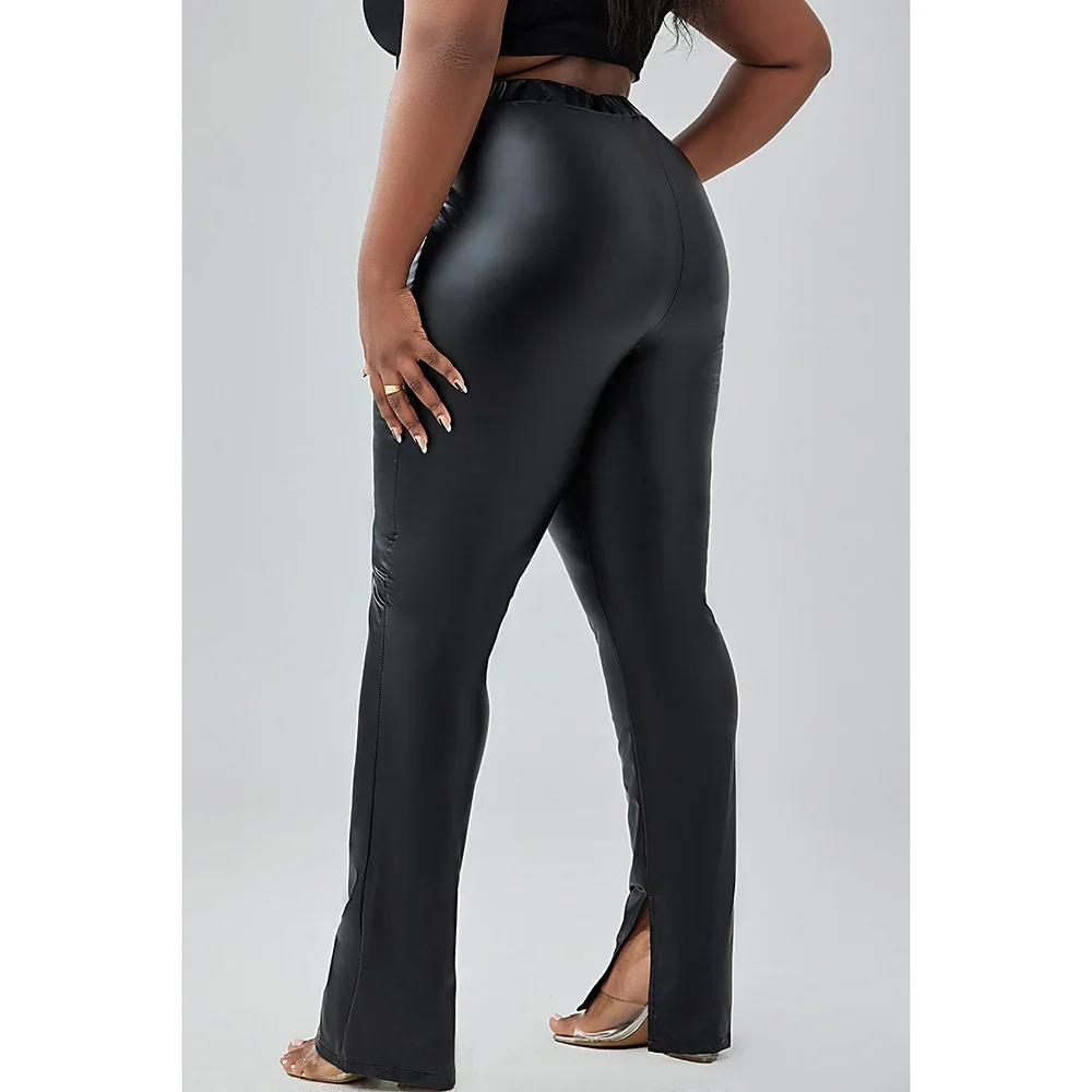 Pantalon en cuir PU taille haute noir, pantalon décontracté, grande taille, 03