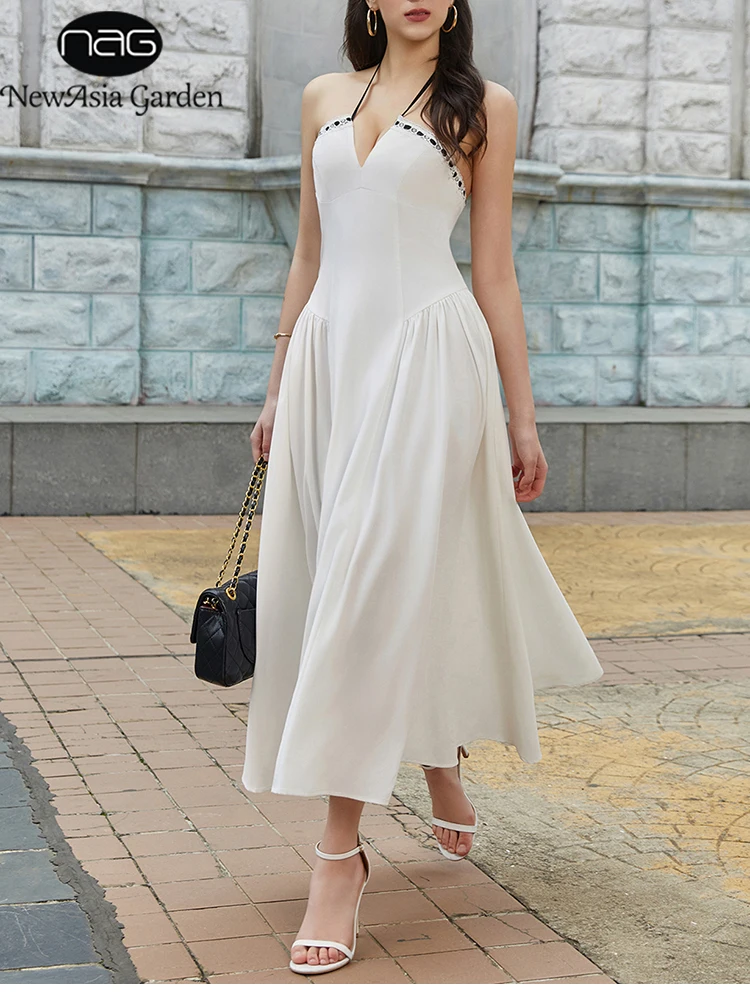 NewAsia Elegantes, schulterfreies A-Linien-Kleid mit Schnürung und Schleife am Rücken, Kreuzgurt-Design, Sommer-Party-Abend-Cocktailkleid für Damen