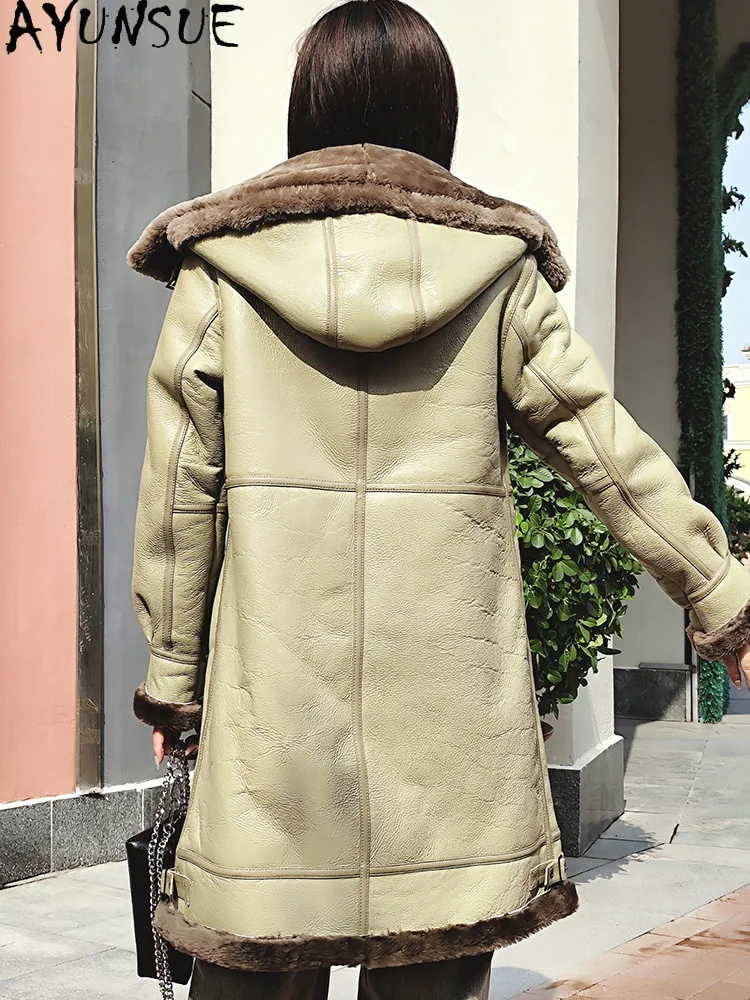 AYUNSUE 천연 양피 모피 코트 여성 정품 가죽 자켓 중간 길이 겨울 자켓 2025 럭셔리 의류 여성 루즈 피트