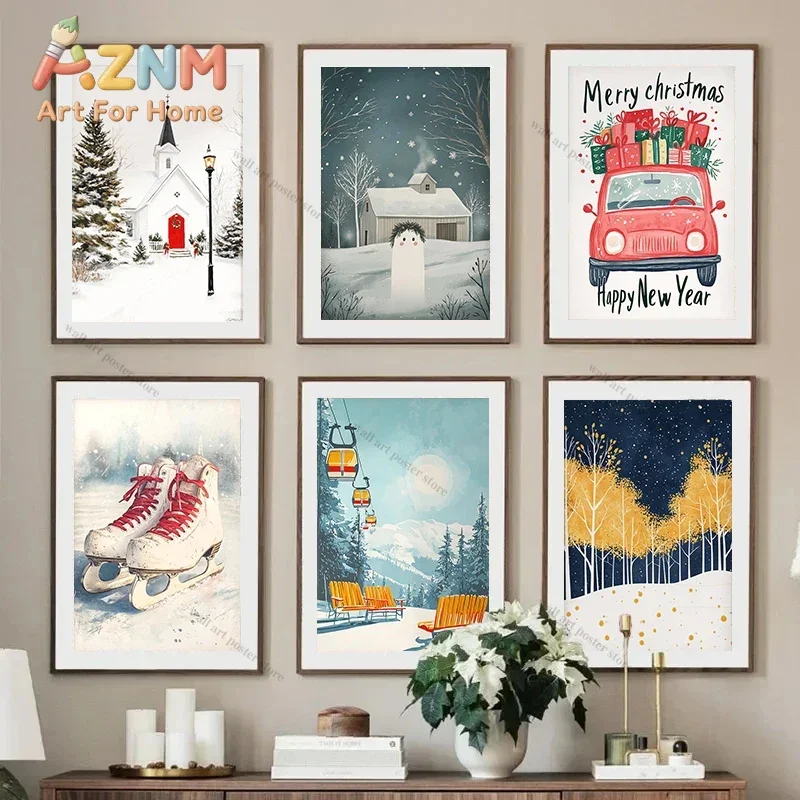 AZNM Christmas Canvas Wall Art Santa Claus Snowy Pine Tree Red Truck Black Cat Hot Cocoa Frameless Print Poster for Winter Home