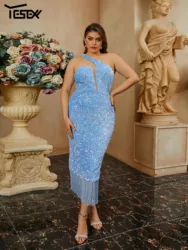 Yesexy Plus Size Strapless Back Split Blue Fringe Sequin Luxury Party Prom Cocktail Dress