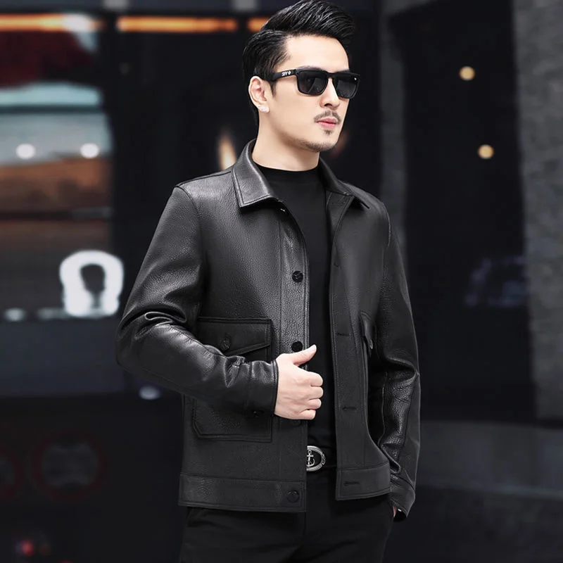 leather 100% genuine fur coat men jacketAutumn 2023 New Haining Leather Jacket Men's Short Fashion Casual Lapel Youth