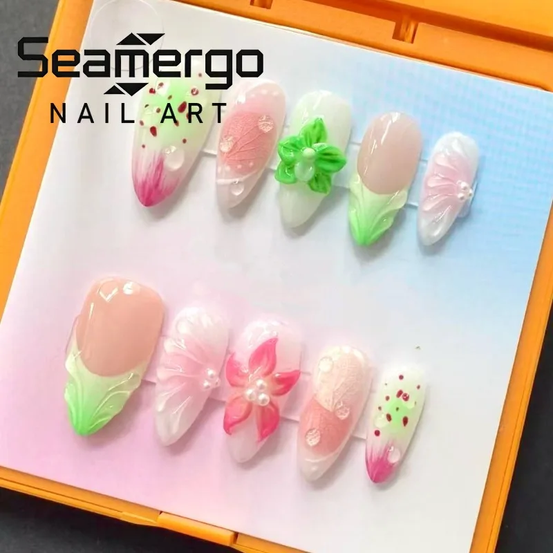 

24PCS Green French False Nails Spring Summer Pink 3D Flower Shell Almond Press on Nails Art Fresh Ins Nail Tips Acrylic Wearable