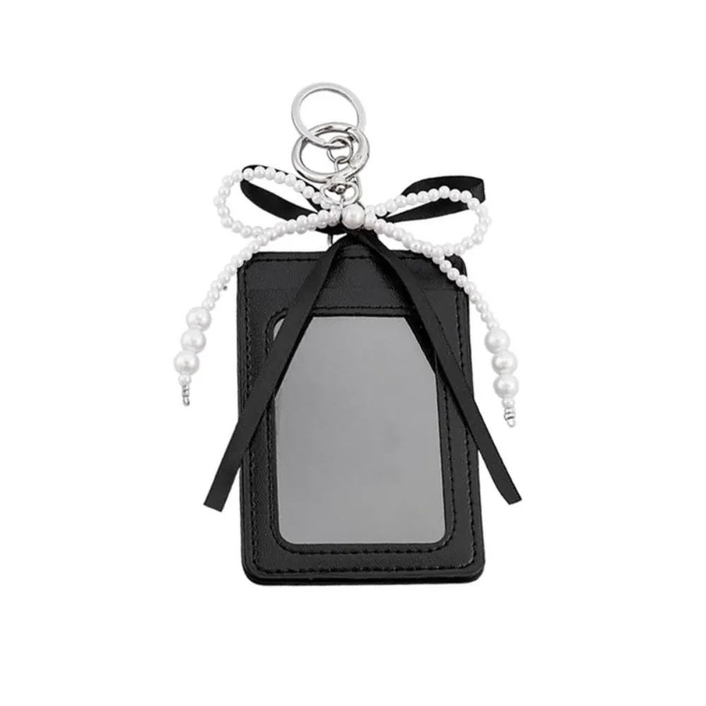 Pearl Bow Photocard Holder Key Ring Hardware Dangling Charm Badge Holder Clear Window PU Leather ID Card Holder