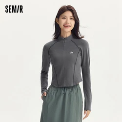 Semir Long Sleeve T-Shirt Women Short Plum Series Collar Tight 2024 Autumn New Brushed Top Shoulder Sleeve