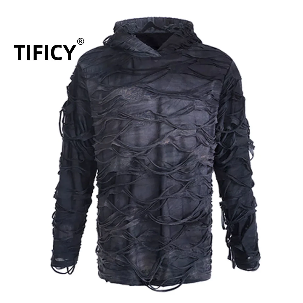 

High Street Tees Loose Hooded Sweatshirt with Holes Men's Autumn Vintage Blurred Design Thin Hoodie Casual Fashion Sweatshirt