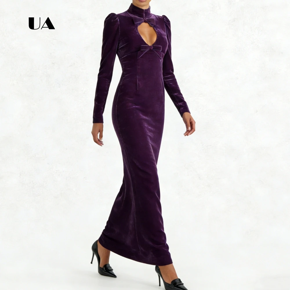 ULBYANRY 벨벳 컷아웃 롱 슬리브 프롬 드레스, 솔리드 터틀넥 보우 이브닝 드레스, 심플 컬럼 맞춤형 파티 가운