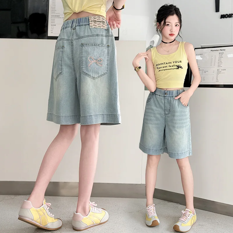 سليم صالح الاطفال الدنيم السراويل الجيب الخلفي مع القوس للمراهقات عارضة الصيف السراويل الأطفال بارد الشارع الركبة عارضة السراويل #2