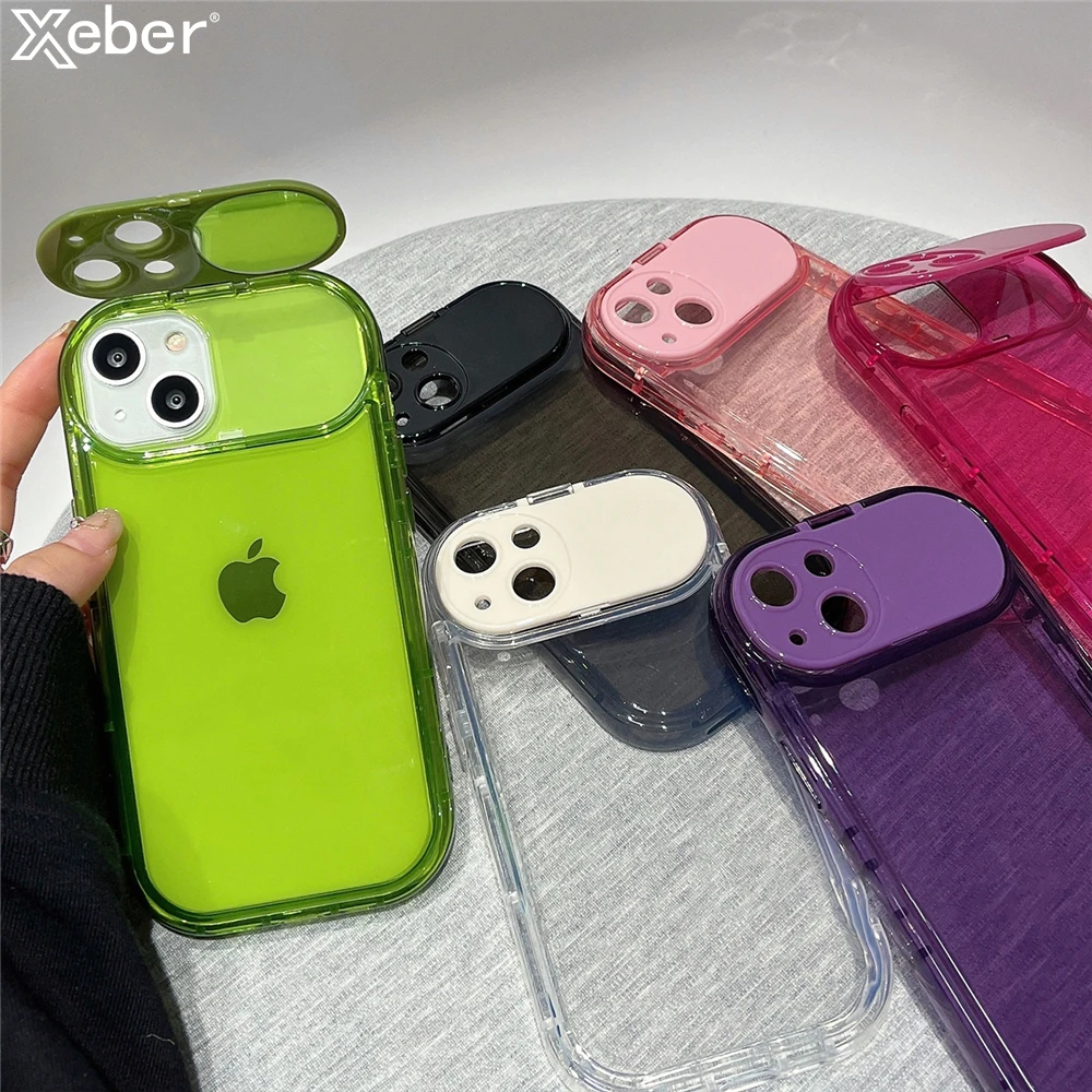 Invisible Camera Flip Mirror Holder Transparent Phone Case For iPhone 15 14 11 12 13 Pro Max Plus XR Soft TPU Shockproof Cover