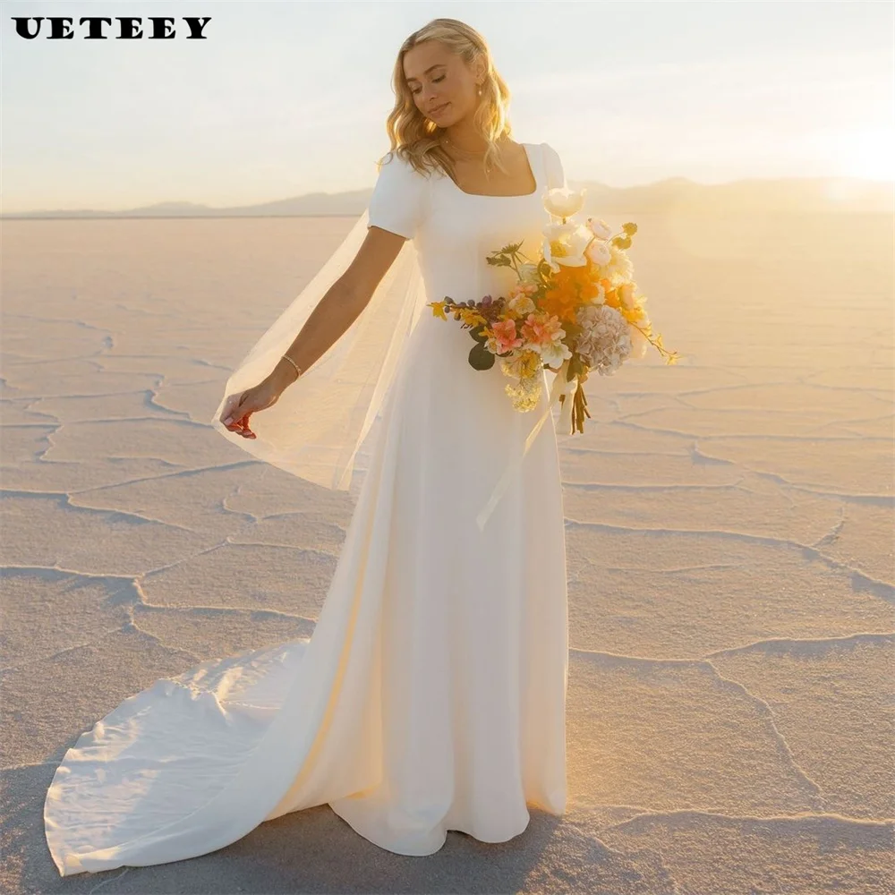 

UETEEY Simple Puff Sleeves Square Neck Crepe A Line Wedding Dress Zipper Back Button Court Train Bridal Gown Custom Made