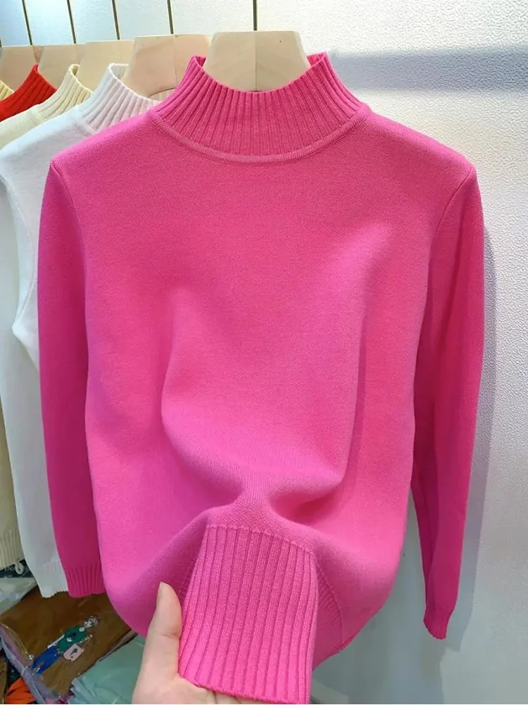 Candy Color Thick Warm Half High Collar Pullover Sweater Women New Autumn Winter Slim Long Sleeve Knitted Sweater All-match Tops