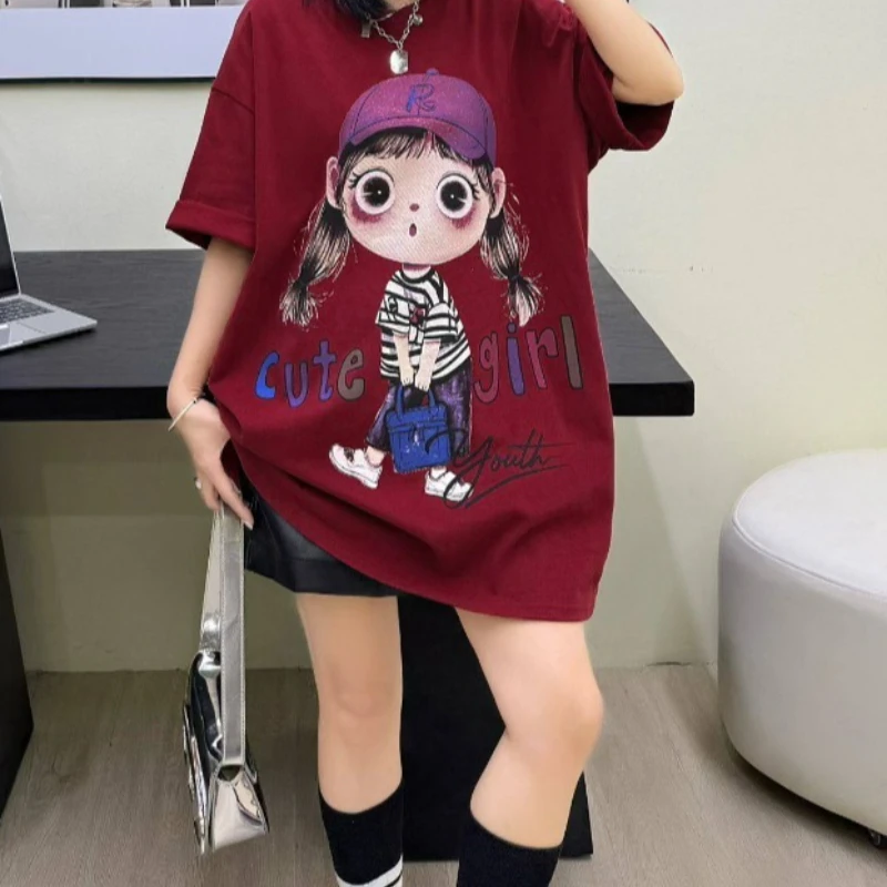 2026 Spring New Fashion Versatile Loose Slimming Cartoon Print Short Sleeves T-shirt Women's Kawaii Clothes Y2k Tees Pullover