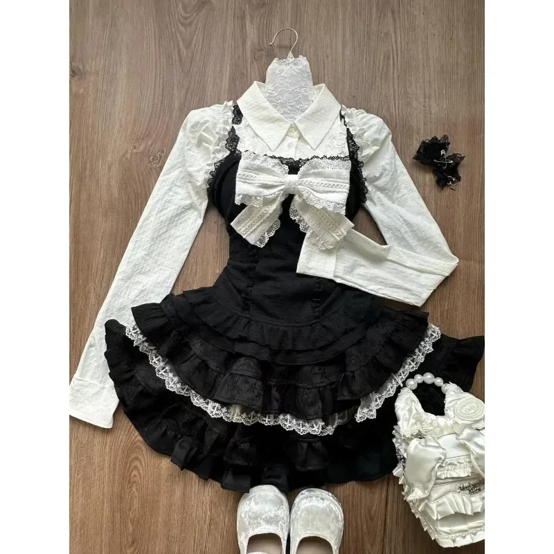 Kawaii 2 Piece Sets Outfits Chic Sweet Japanese Vintage Suits Women Casual Y2k White Blouse + Mini Skirt Evening Party Clothing