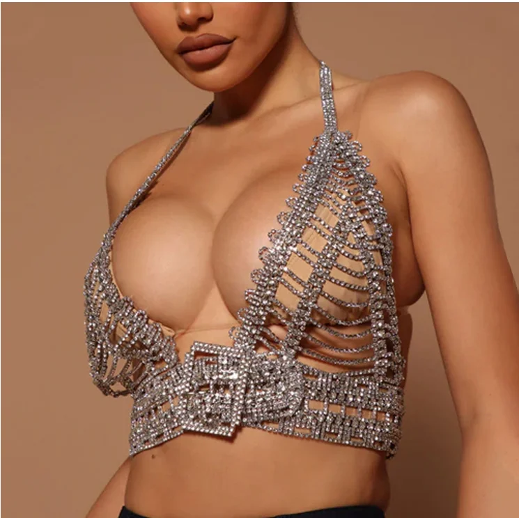 New hot bra Europe and the United States exaggerated multi-layer rhinestone buckle chest chain cool hot sexy body chain female