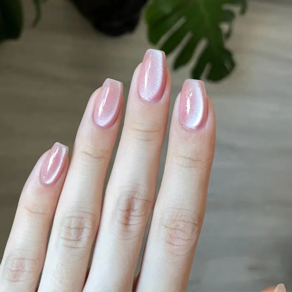 Short Medium fake nails for women Glossy cat eyes pink colors nail tips in ballet shape full cover reusable press on false nail
