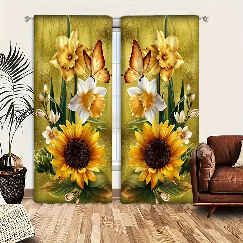 2 Stück goldene Sonnenblumen-Schmetterlings-Gardinen – leuchtende Fenstervorhänge mit Blumenmuster für Wohnzimmer- und Schlafzimmerdekoration