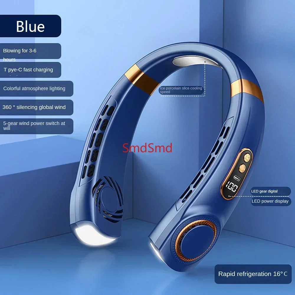 New Portable Neck Fan USB Handheld Mute LED Digital Display Leafless Mini Electric Fan Colorful Atmosphere Lights 5th Gear