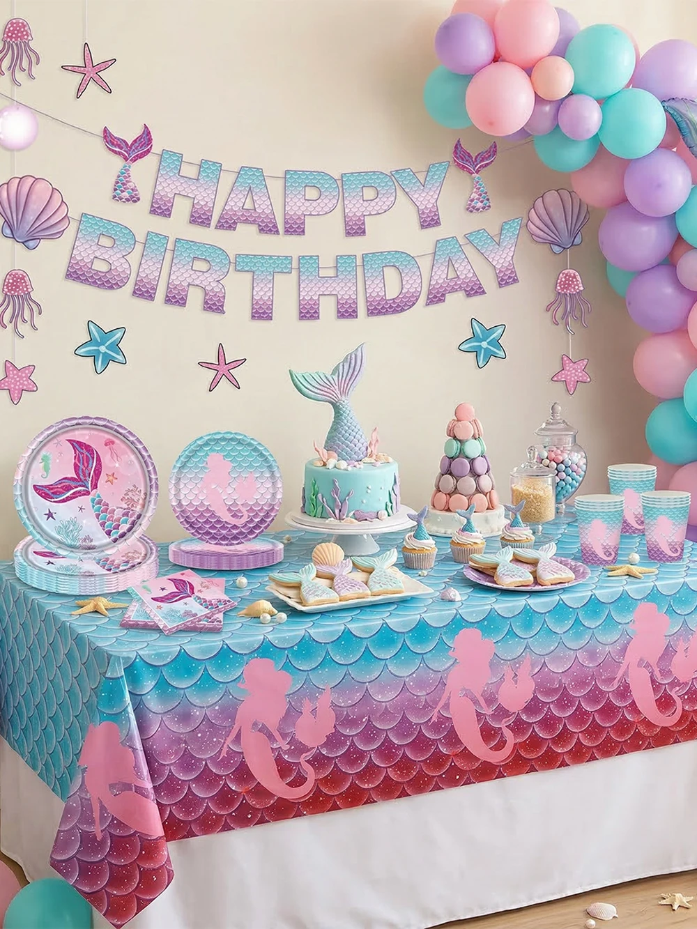 Meerjungfrau Party Rosa Lila Geschirr Set Teller Tassen Tischdecke Servietten Banner Mädchen Geburtstag Party Dekore Baby Dusche Liefert – Detail 1