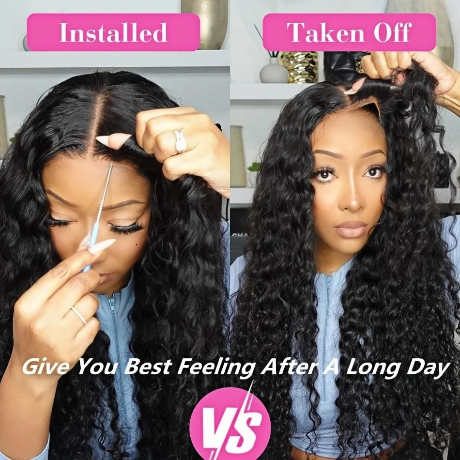 Curly 4x4 5x5 Glueless Lace Front Wig With Drawstring Wear&Go 250 Density Natural Black Deep Wave Pre Cut Brazilian HD Lace Wigs Water Wave Human Hair Wigs - view 5
