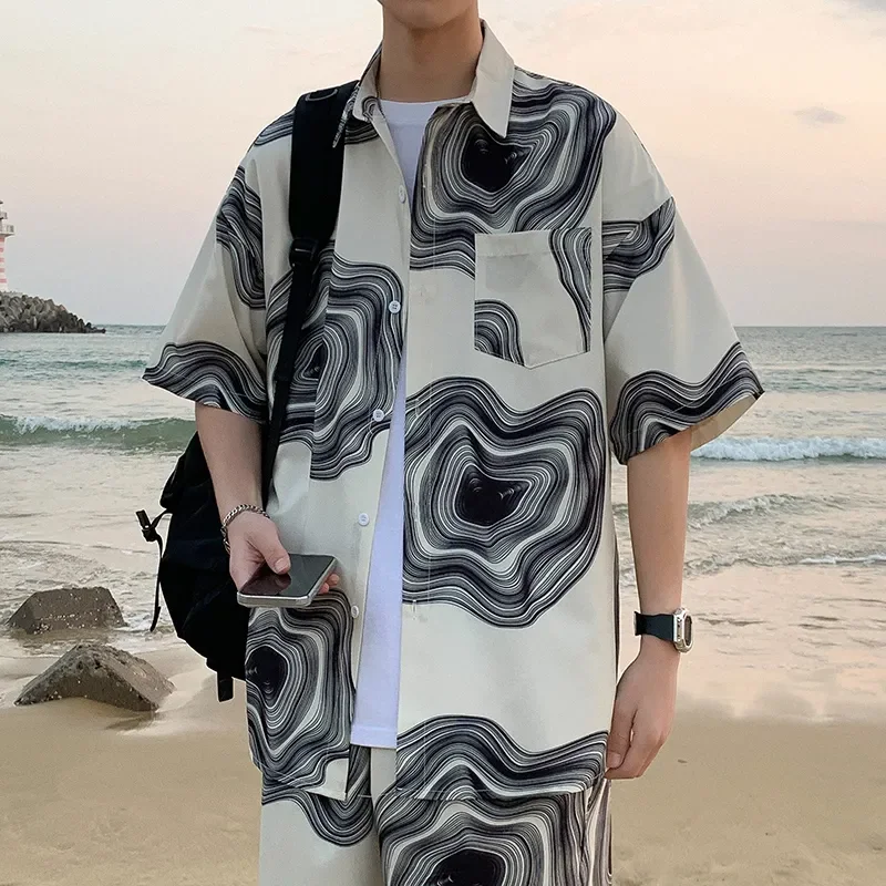 

Рубашка с короткими рукавами, мужской летний повседневный свободный тонкий костюм из ледяного шелка, комплект из двух предметов