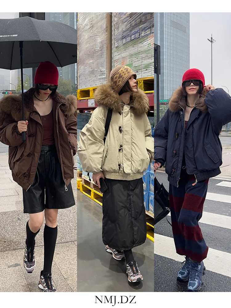 ขนสุนัขจิ้งจอกจริงปีก 90% ห่านสีขาวลงเสื้อแจ็คเก็ตผู้หญิงฤดูหนาวปุ่มแตรเสื้อคอหนาสไตล์หนาสําหรับฤดูหนาว