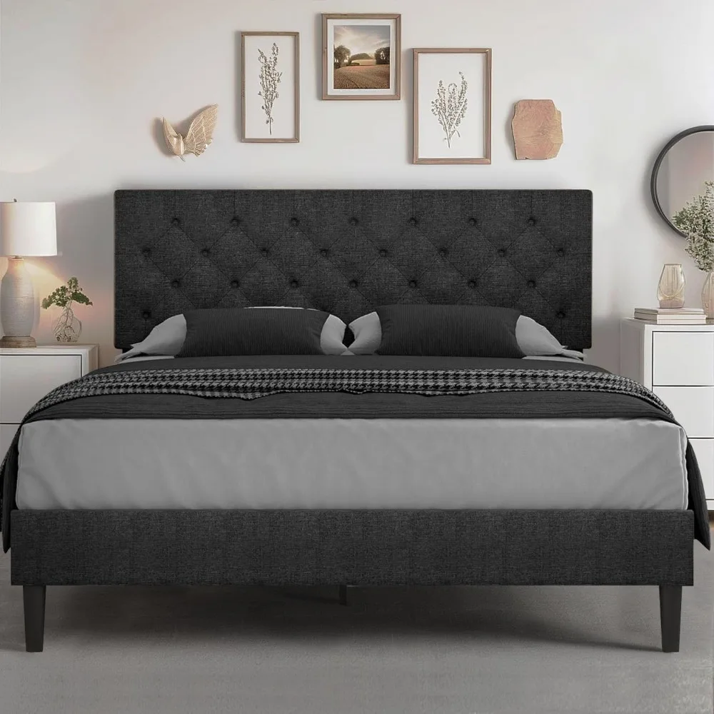 

Queen Bed Frame with Headboard, Linen Fabric Upholstered Bed Frame Queen, Wood Slats Support, Button Tufted, No Box Spring Neede