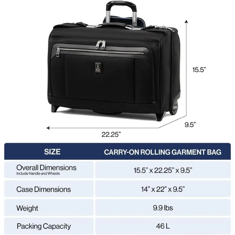 Carry-On Rolling Garment Bag, Men and Women, Shadow Black, 22-Inch