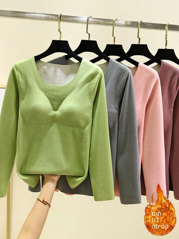

Thickened Fleece Warmth Top Women's Long Sleeve round Neck Thermal Underwear Vest Large Size October to December Base Layer S...