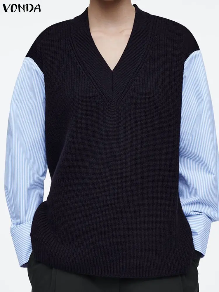 

Плюс размер 5XL VONDA, женская модная блузка, осень 202, вязаные топы с длинными рукавами, цветные лоскутные блузки, женские повседневные рубашки с v-образным вырезом