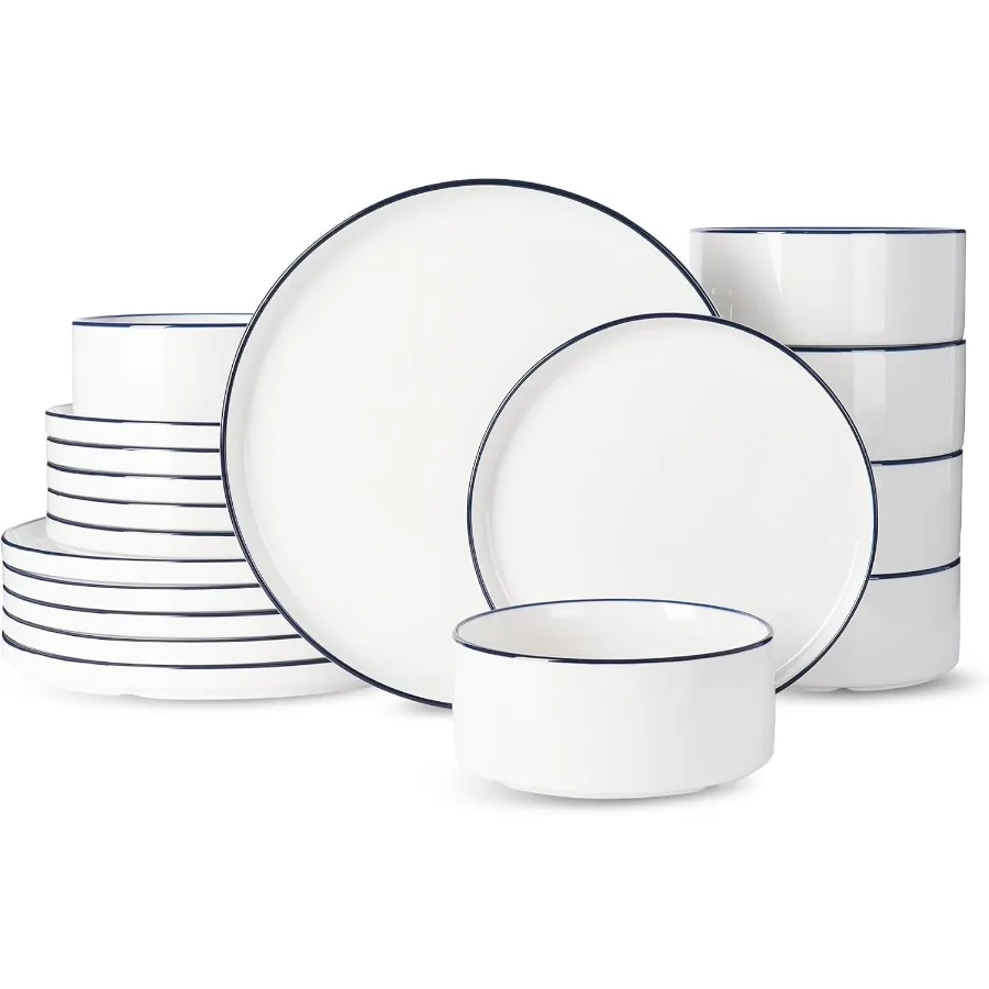 Modern 18Piece Porcelain Dinnerware Set for 6 White with Blue Trim Microwave and Dishwasher Safe Tableware Ideal for Everyday D