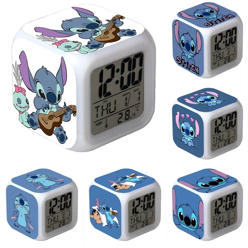 Disney Lilo & Stitch Anime Figure Stitch LED Colorful Alarm Clock Night Lights Student Children Bedroom Decor Birthday Gifts