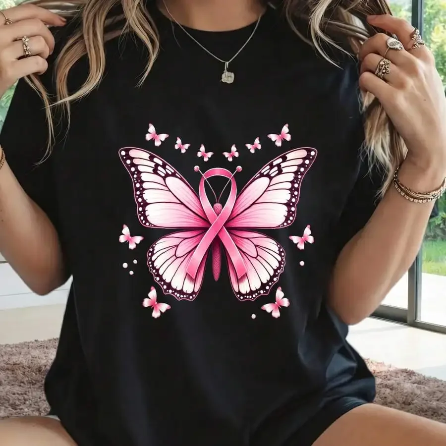 Women Casual Graphic Pink Butterfly Breast Cancer Awareness Ribbon Print Sleeve Spring Outfit Meaningful for Wife Sister Ladies