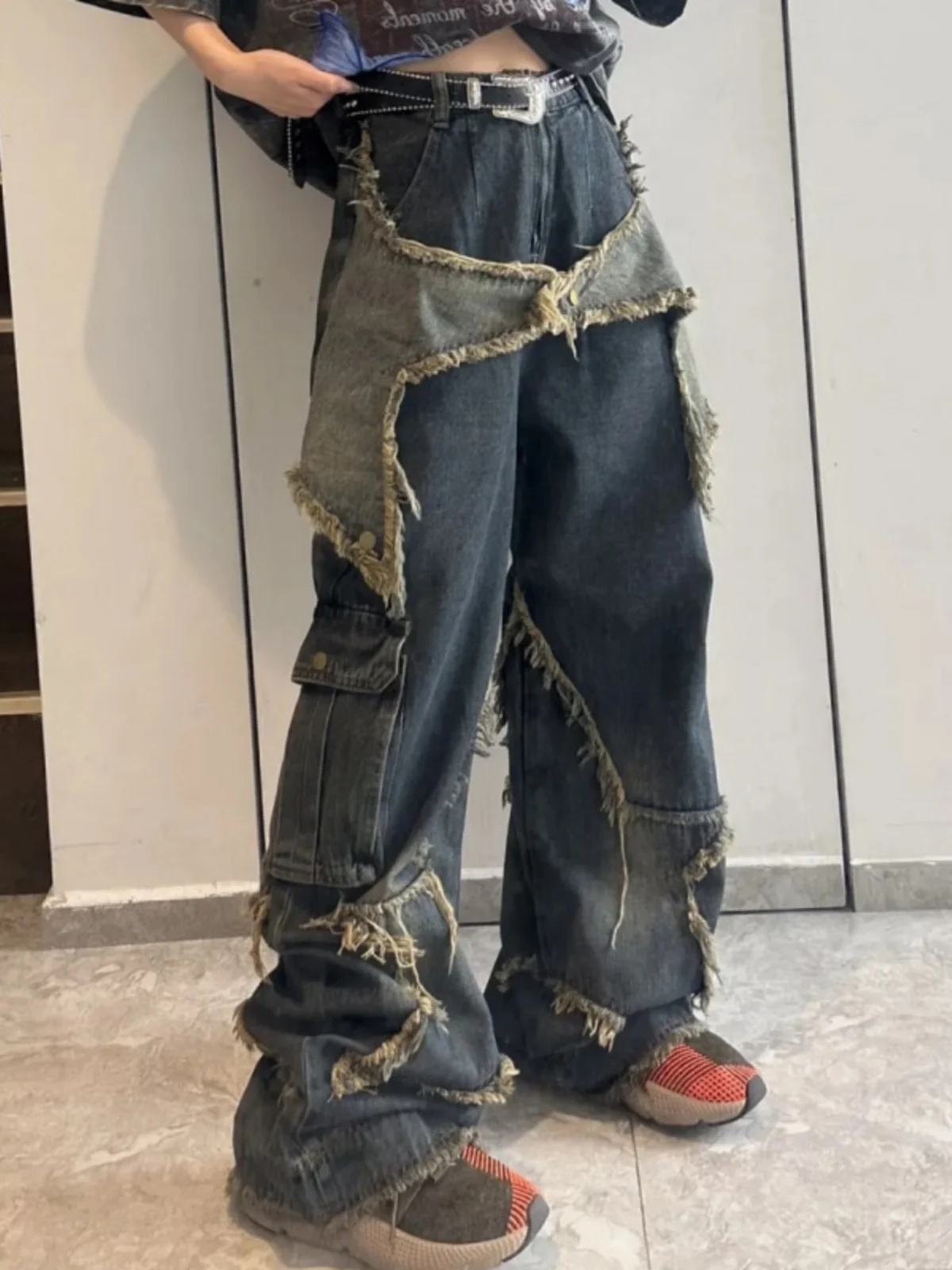 

Американские джинсы с вышивкой в стиле Star Embroidery, с рваным краем, с высокой талией, прямого кроя, повседневные брюки для женщин, осенний сезон, полиэстер, хлопок...