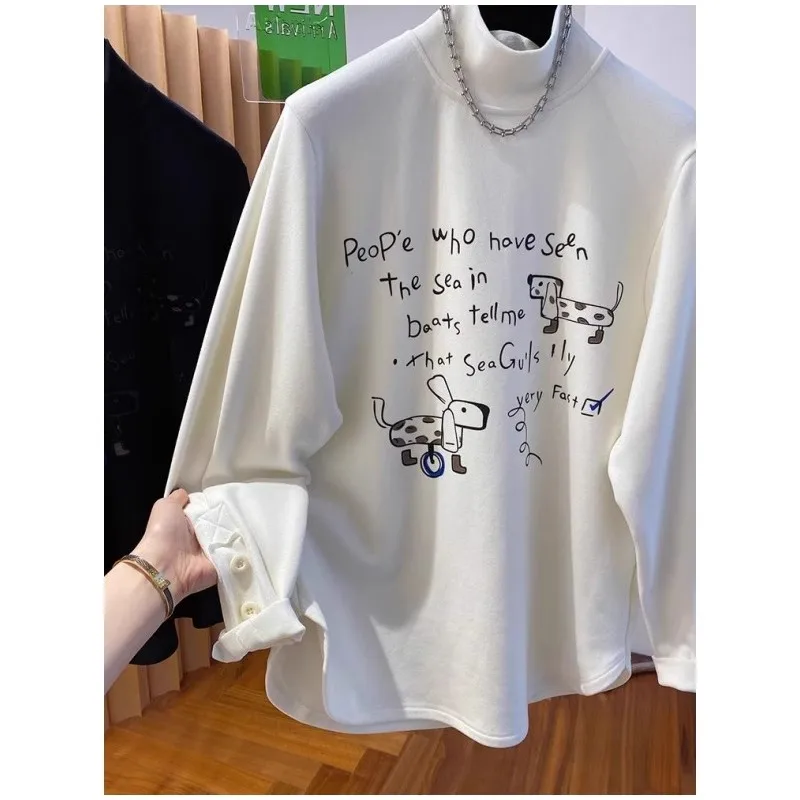 plus Size 300 Pounds Brushed Velvet Half High Collar Long Sleeve Men's T-Shirt Spring Autumn Season Split Design Casual Style