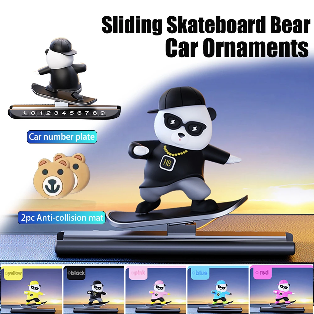 Multifunction Sliding Skateboar Bear Car Ornaments 5 Colors With 2pc Mat Car Number Plate Creative Auto Interior Decoration