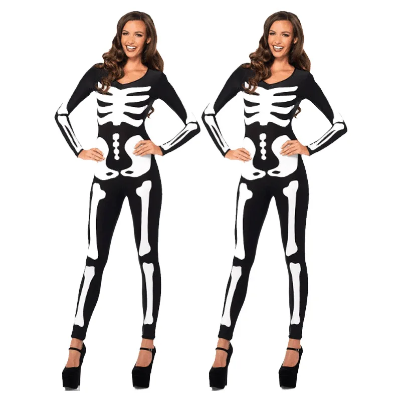 Halloween Skeleton Jumpsuit Cosplay Costume Women Carnival Party Scary Print Skull Zombie Ghost Bodysuit Role Playing