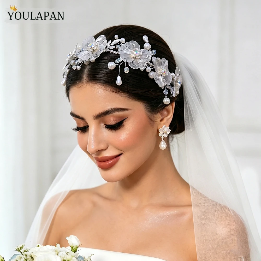 YouLaPan French Elegant Bridal Flower Headband Silver Color Alloy Headwear Pearl Crystal Wedding Party Hair Accessories A311