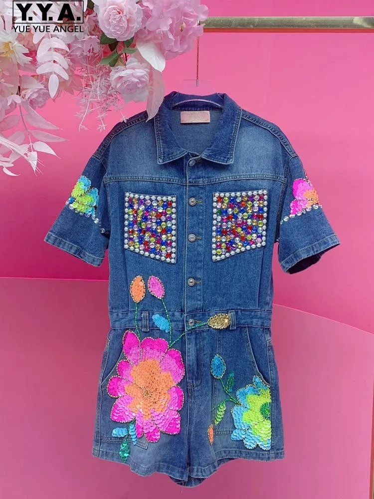 Streetwear Diamonds Ladies Single Breasted Playsuits Fashion Pockets Female Turn-Down Collar Flower Embroidery Jumpsuits Rompers