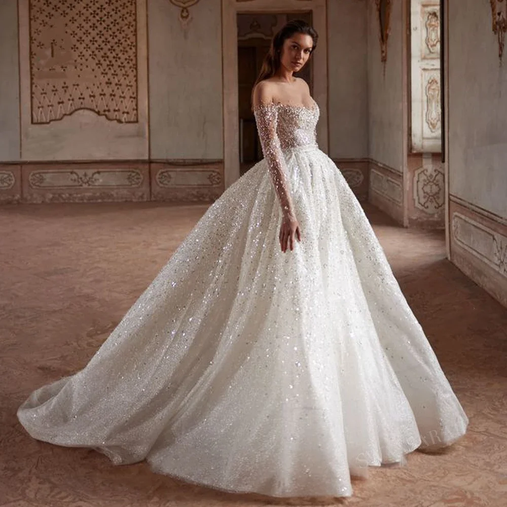 ゴージャスなボールプリンセス花嫁ドレス長袖ビーズシャイニングチャーチトレインローブAラインウェディングドレスカスタマイズ